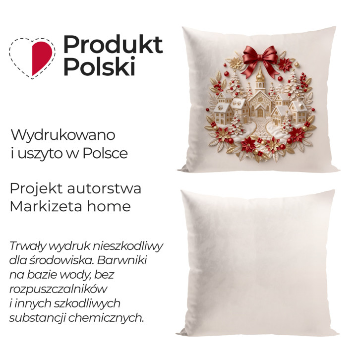 ŚWIĄTECZNE MIASTECZKO Z EFEKTEM 3D · poszewka dekoracyjna · 40x40 · beżowo-złoty